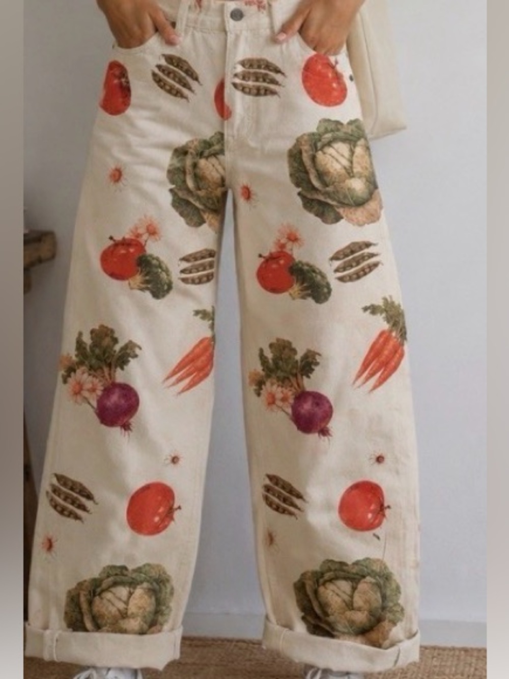 Zara Cream Wide-Leg Jeans with Colorful Vegetable Print